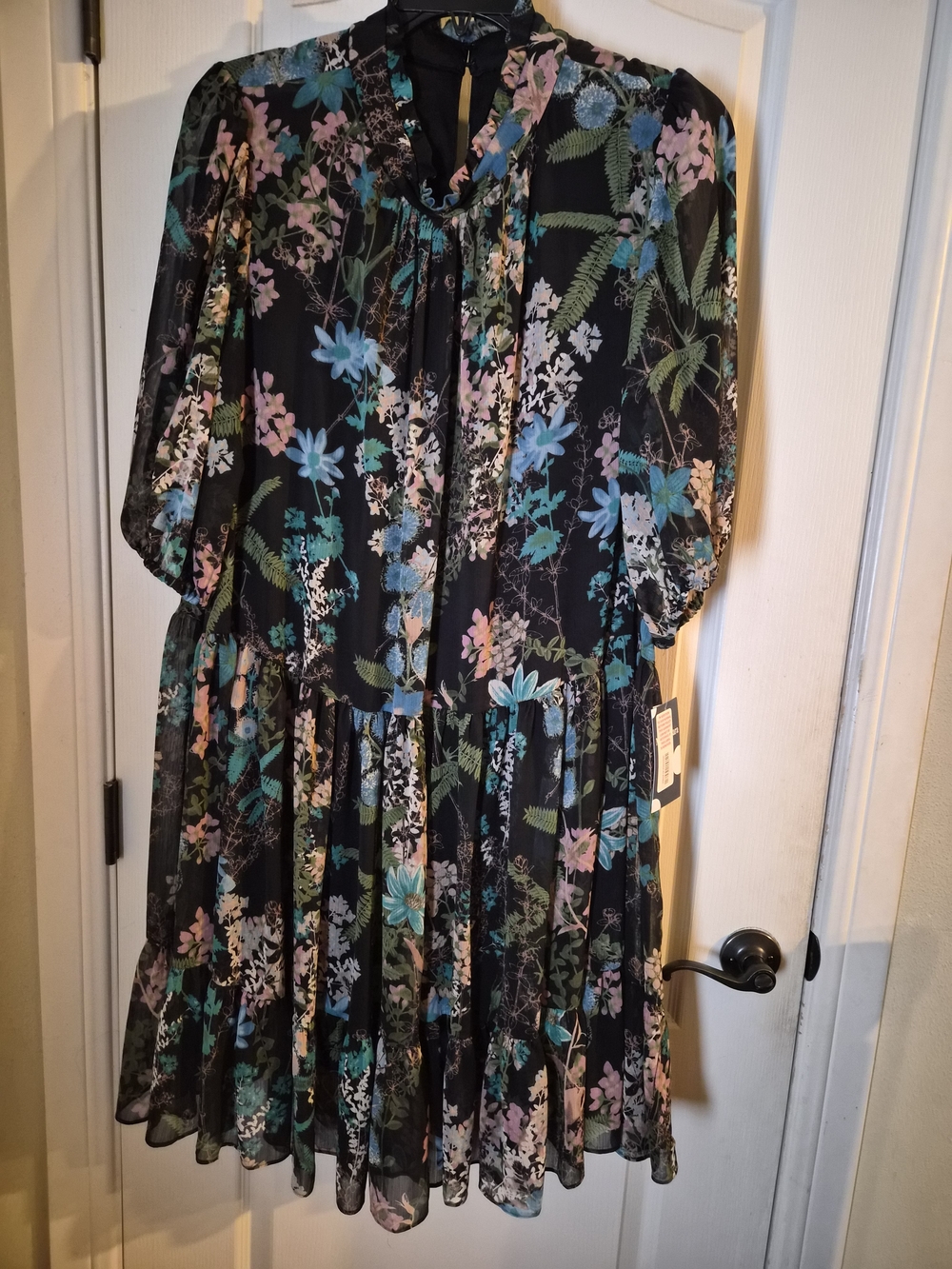 Maison Tara Black Floral Tiered Chiffon Midi Dress